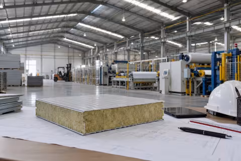 Fabrika ortamında mühendis masası üzerindeki mineral yün dolgulu panel örneği